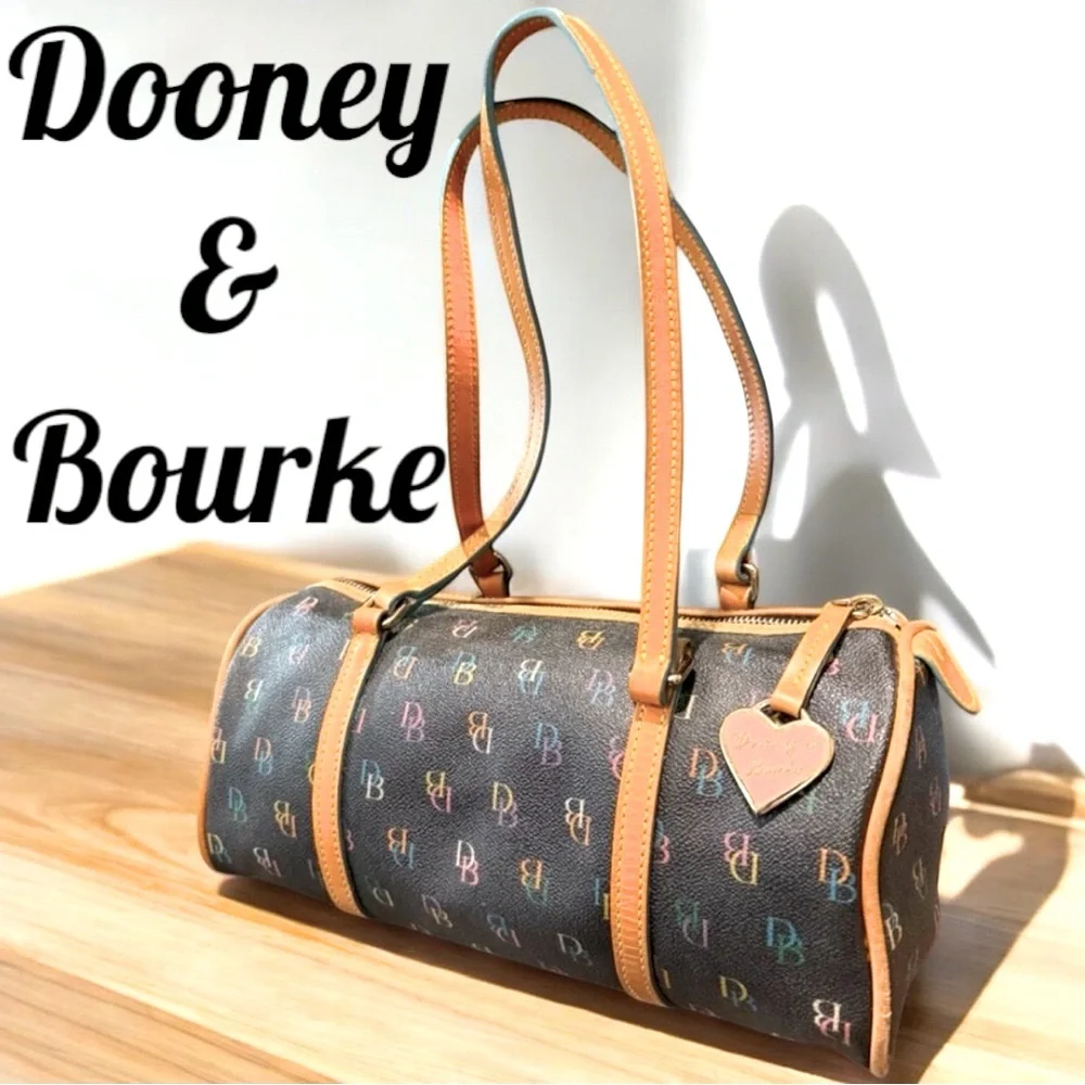 Dooney & Bourke Black Multicolor Logo Barrel Satchel with Tan Trim